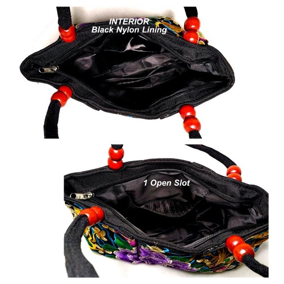 Embroidery Satchel Floral Rabbits Black Purple Canvas Tote Zip Top Handle Lined - Picture 10 of 12